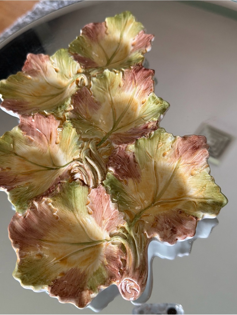 Hand-Painted Italian Ceramic Leaf Dish in Cream, Green & Brown- Majolica
